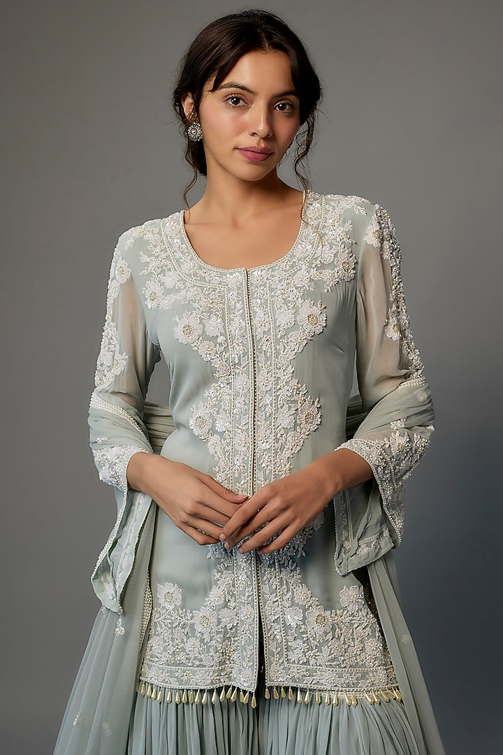 Powder Blue Georgette Wedding Sharara Set by Malasa at Pernia's Pop Up Shop