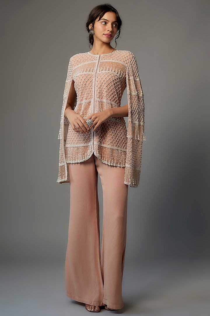 Blush Pink Net Embroidered Jacket Set by Malasa at Pernia's Pop Up Shop