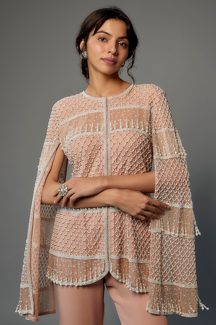 Blush Pink Net Embroidered Jacket Set by Malasa at Pernia's Pop Up Shop