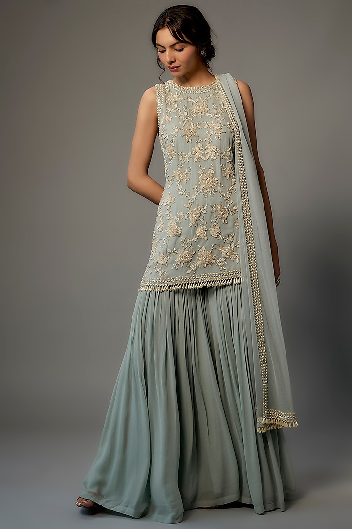 Powder Blue Georgette Wedding Sharara Set by Malasa at Pernia's Pop Up Shop