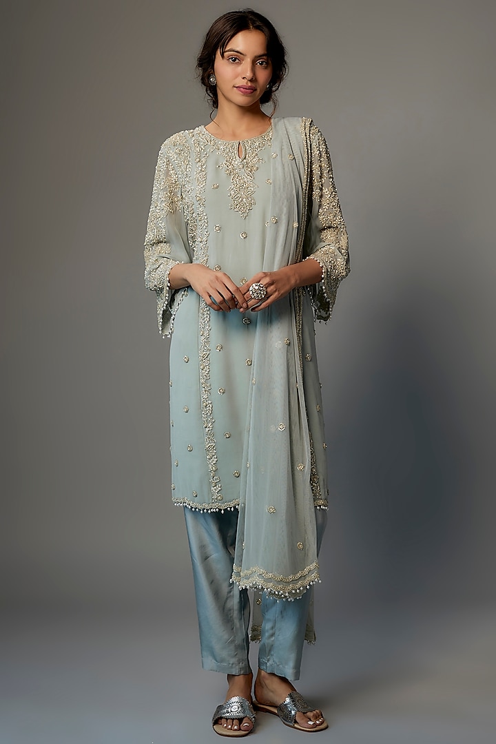 Powder Blue Georgette Embroidered Kurta Set by Malasa at Pernia's Pop Up Shop