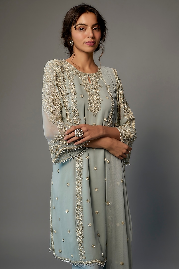Powder Blue Georgette Embroidered Kurta Set by Malasa at Pernia's Pop Up Shop