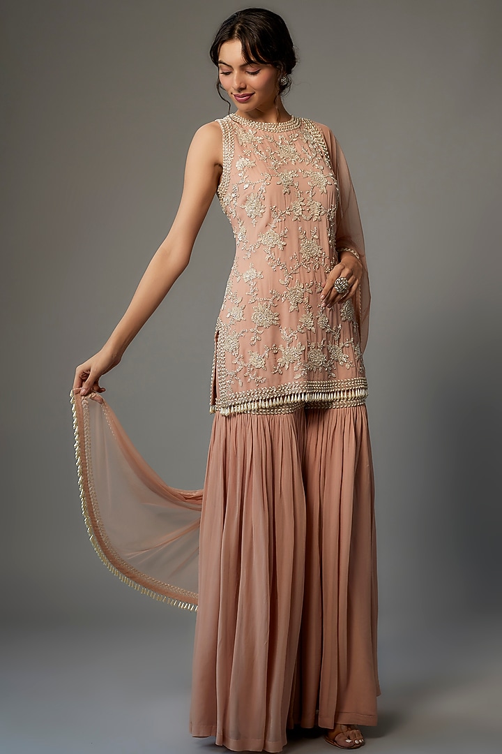 Blush Pink Georgette Wedding Sharara Set by Malasa at Pernia's Pop Up Shop