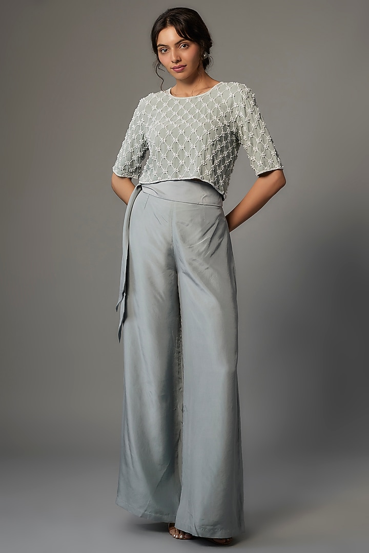 Powder Blue Silk Satin Pant Set by Malasa at Pernia's Pop Up Shop