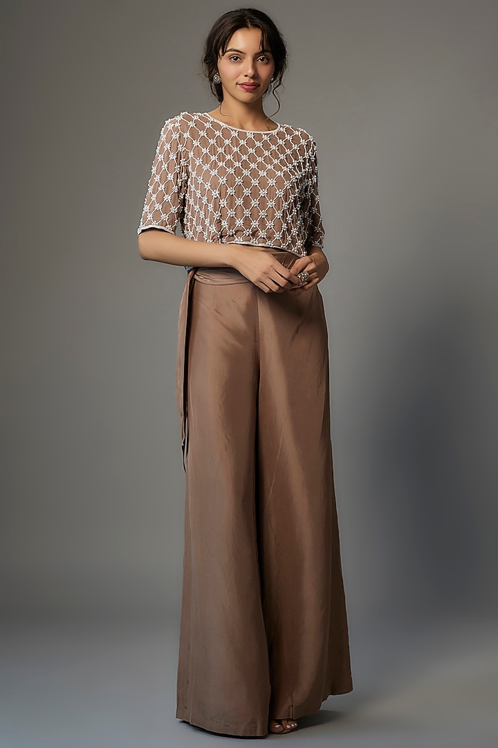 Brown Silk Satin Pant Set by Malasa at Pernia's Pop Up Shop