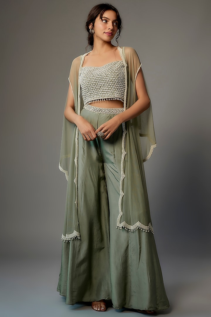 Green Silk Satin Sharara Set by Malasa at Pernia's Pop Up Shop