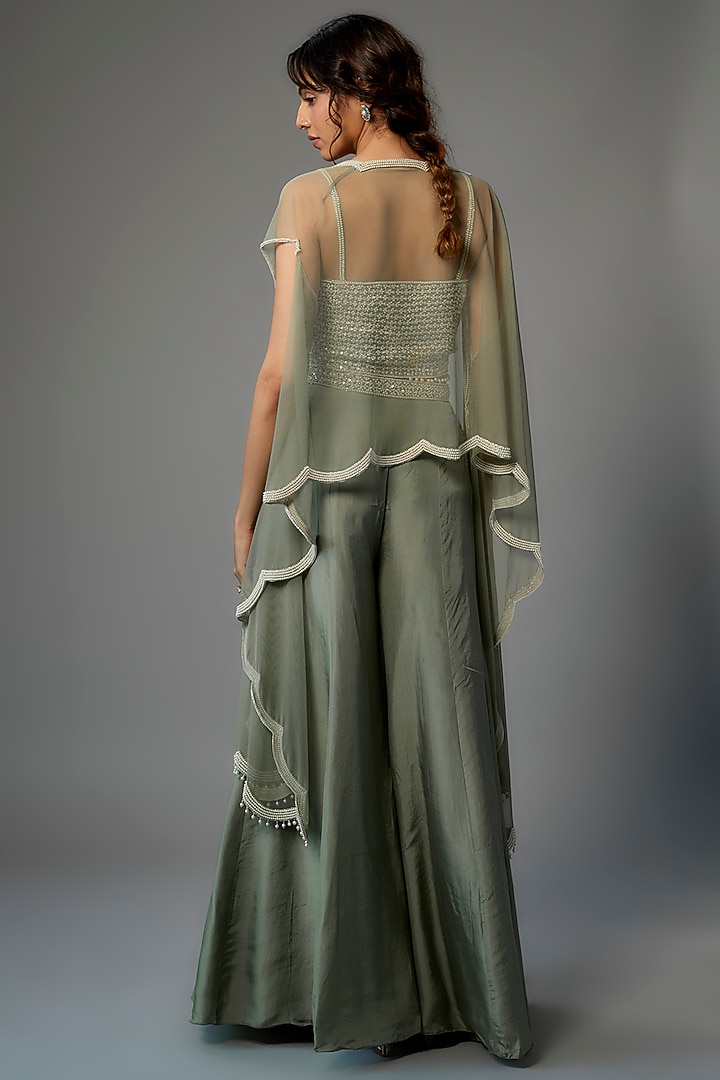 Green Silk Satin Wedding Sharara Set by Malasa at Pernia's Pop Up Shop