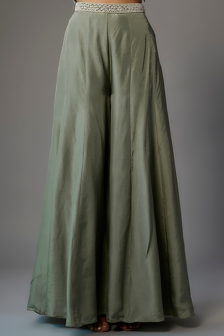 Green Silk Satin Wedding Sharara Set by Malasa at Pernia's Pop Up Shop