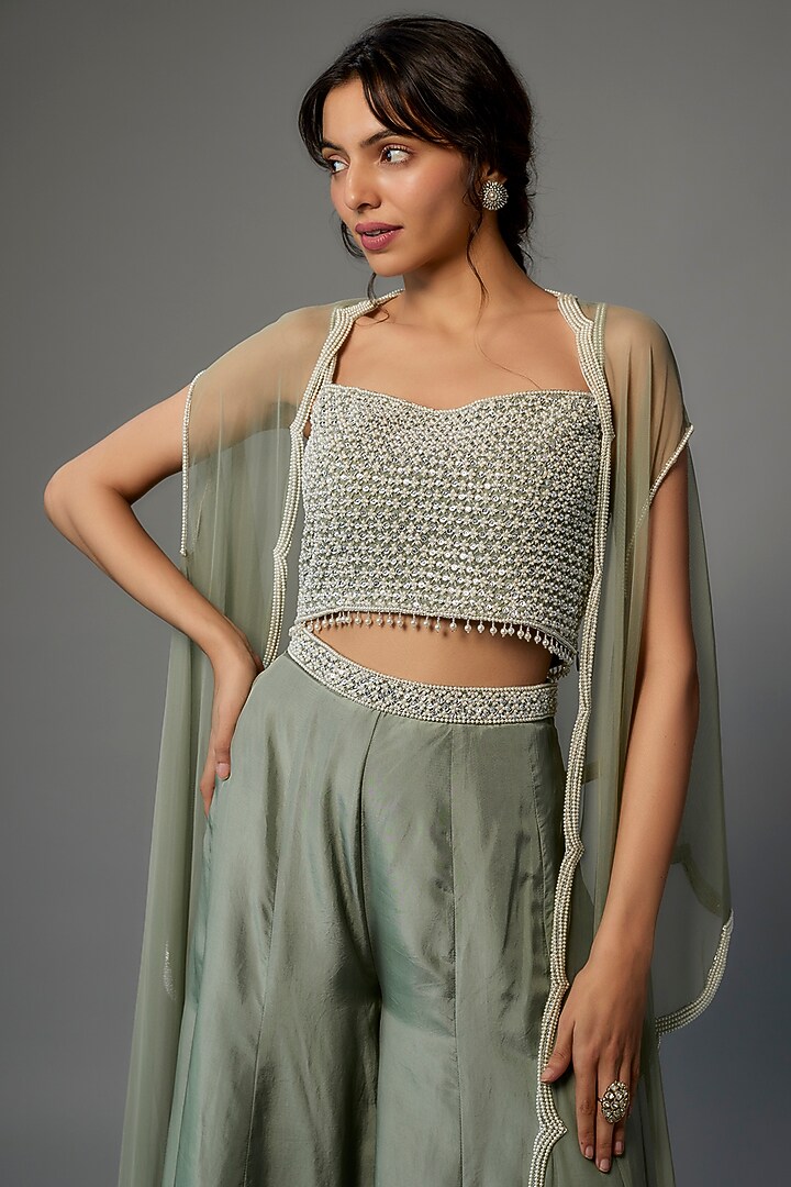 Green Silk Satin Wedding Sharara Set by Malasa at Pernia's Pop Up Shop
