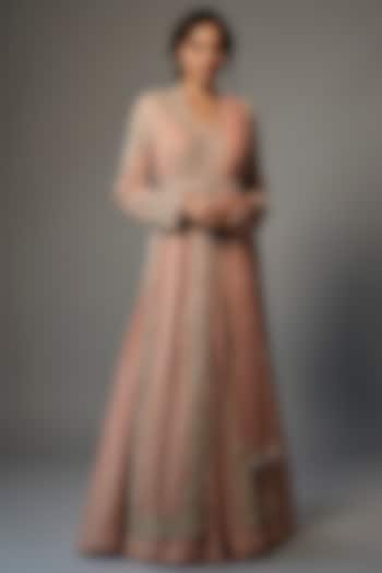 Peach Georgette Embroidered Jacket Set by Malasa at Pernia's Pop Up Shop