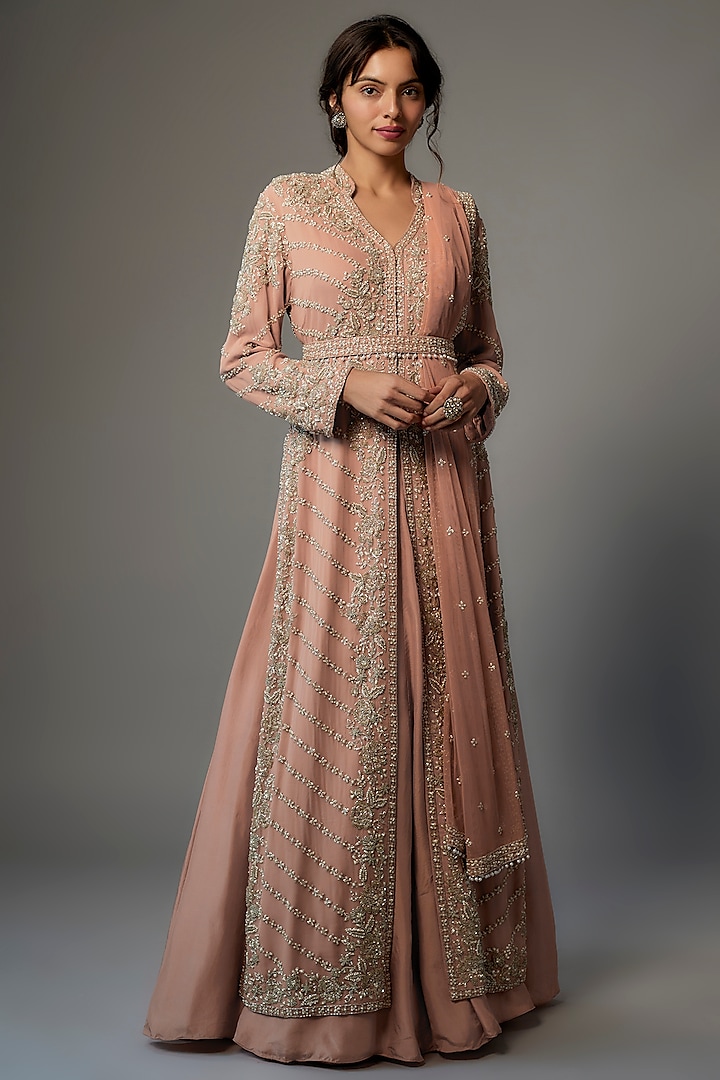 Peach Georgette Embroidered Jacket Set by Malasa at Pernia's Pop Up Shop