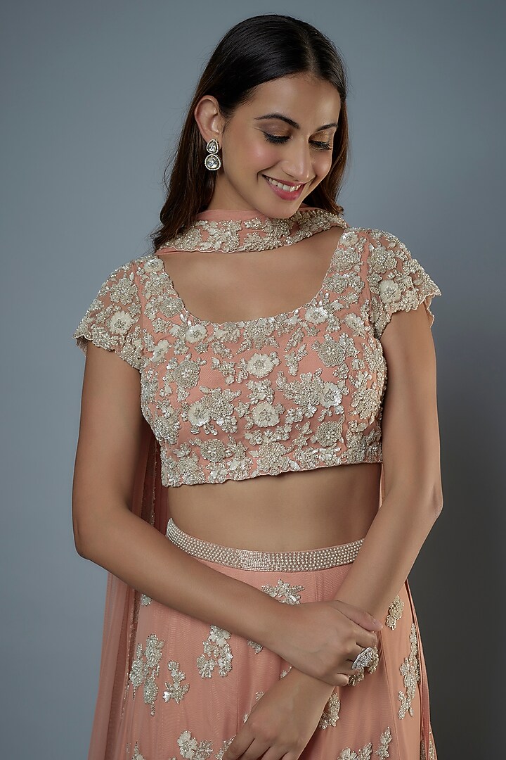 Pink Net Embroidered Bridal Lehenga Set by Malasa at Pernia's Pop Up Shop