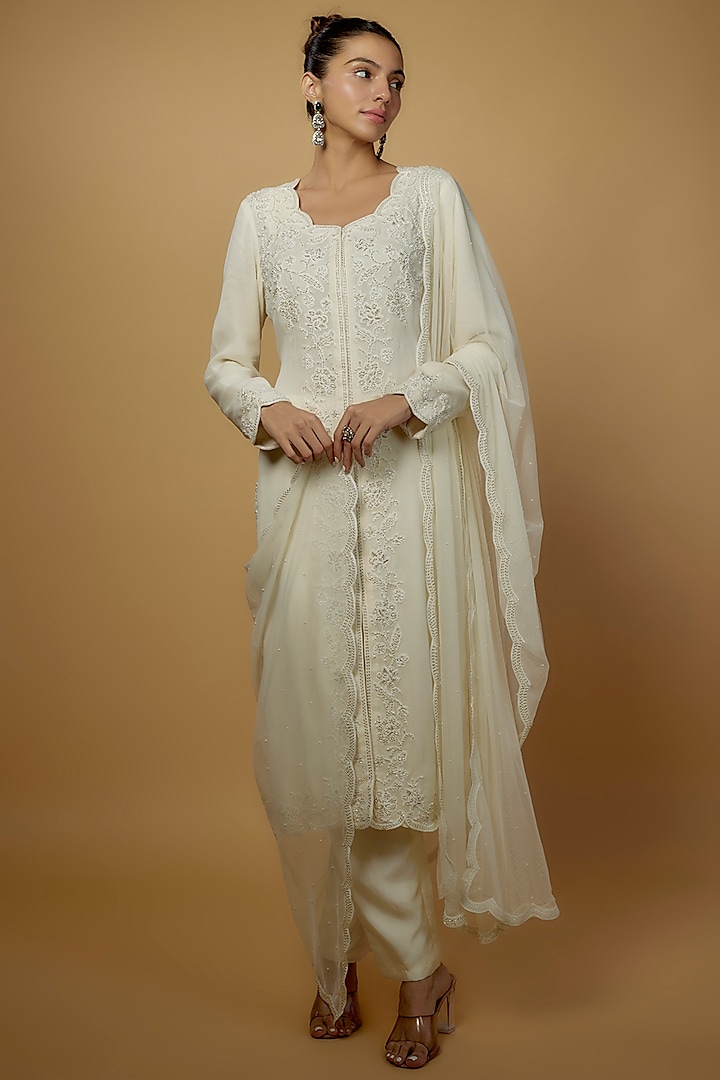 White Georgette Embroidered Jacket Set by Malasa