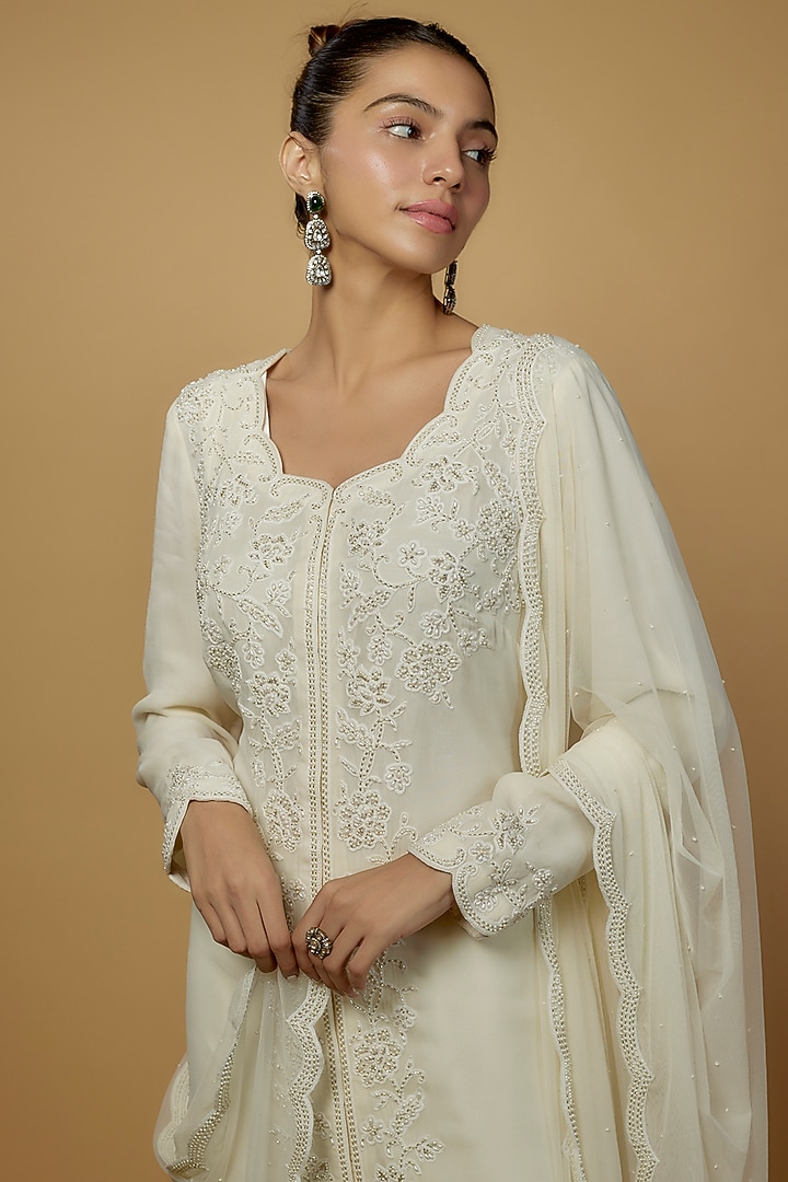 White Georgette Embroidered Jacket Set by Malasa at Pernia's Pop Up Shop