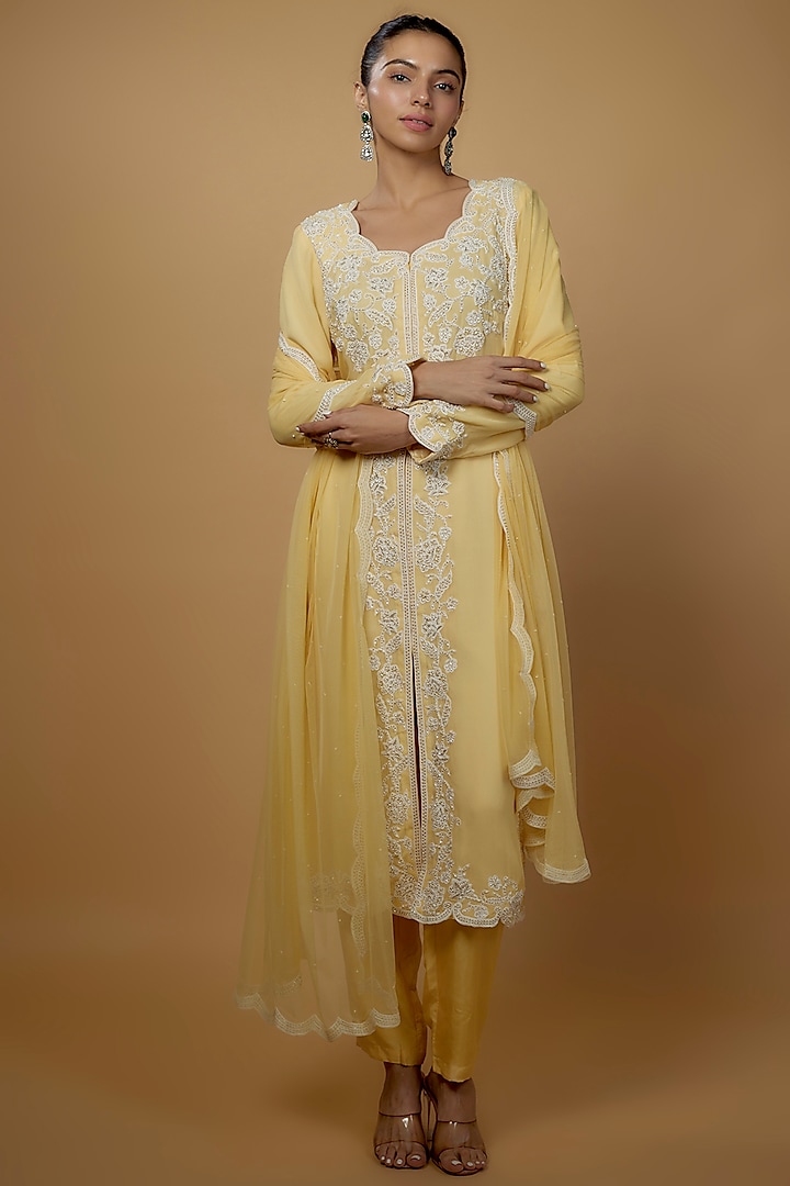 Yellow Georgette Embroidered Jacket Set by Malasa