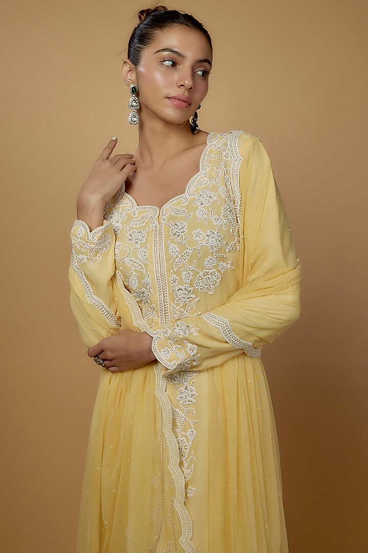 Yellow Georgette Embroidered Jacket Set by Malasa at Pernia's Pop Up Shop
