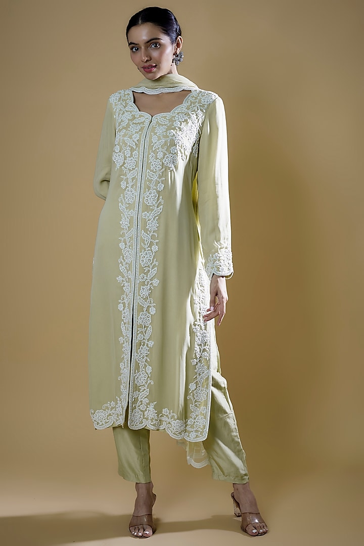 Green Georgette Embroidered Jacket Set by Malasa