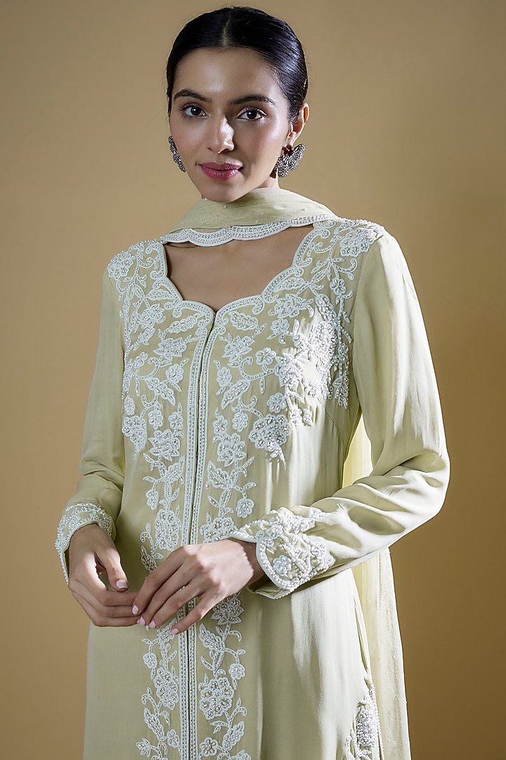 Green Georgette Embroidered Jacket Set by Malasa at Pernia's Pop Up Shop