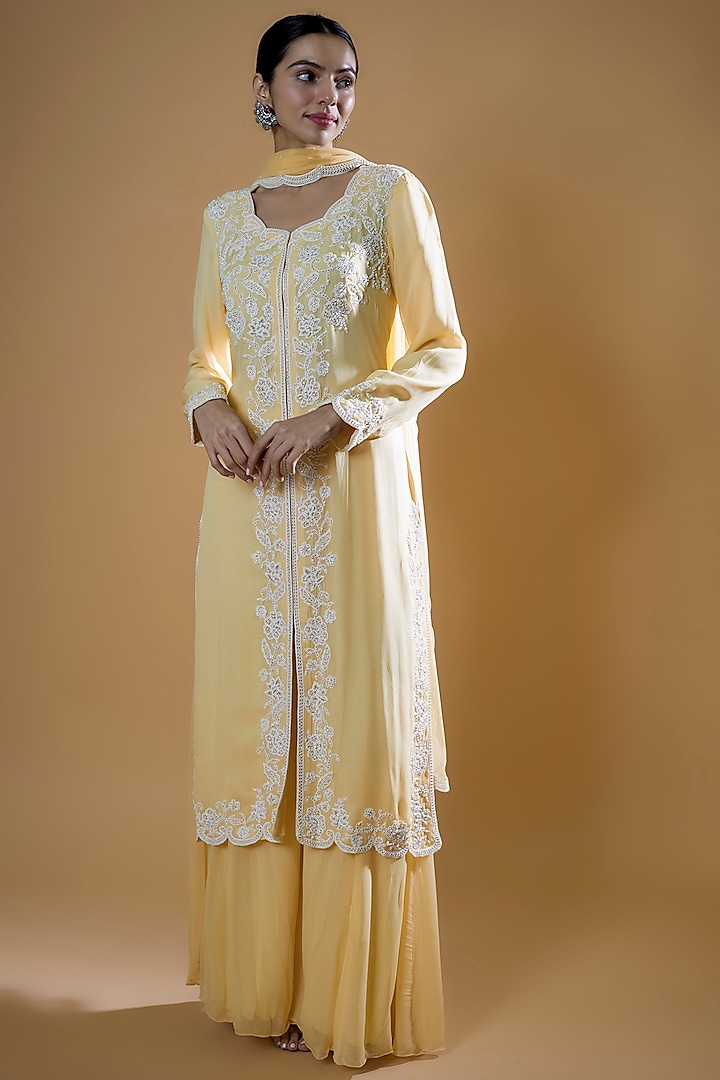 Yellow Georgette Sharara Set by Malasa at Pernia's Pop Up Shop