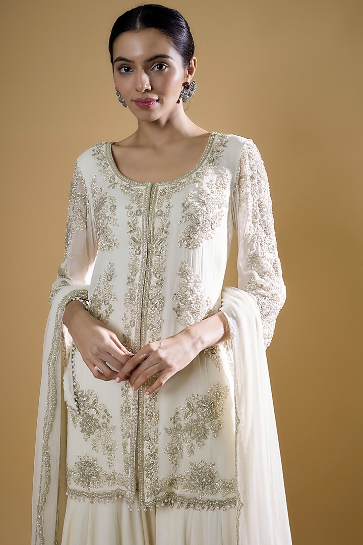 Ivory Georgette Embroidered Bridal Sharara Set by Malasa at Pernia's Pop Up Shop
