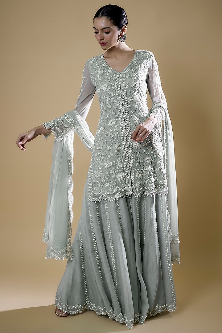 Ice Blue Organza Embroidered Bridal Sharara Set by Malasa at Pernia's Pop Up Shop