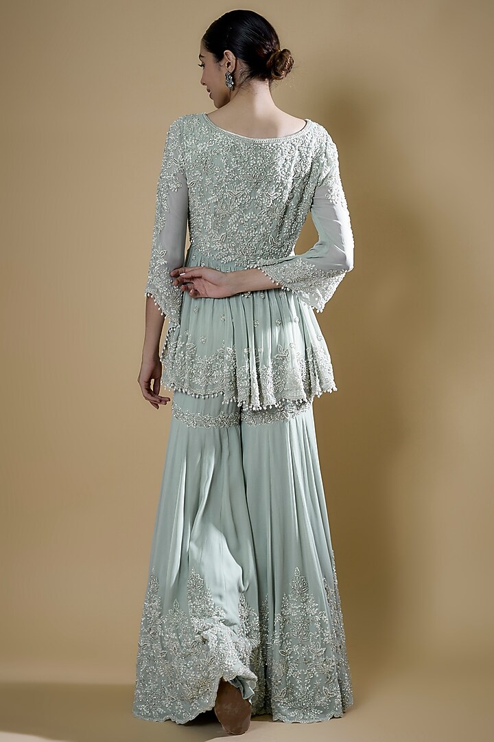 Ice Blue Organza Embroidered Bridal Sharara Set by Malasa at Pernia's Pop Up Shop