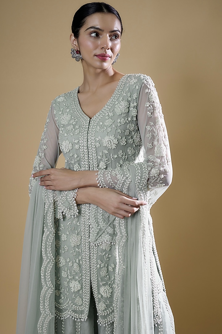 Ice Blue Organza Embroidered Bridal Sharara Set by Malasa at Pernia's Pop Up Shop