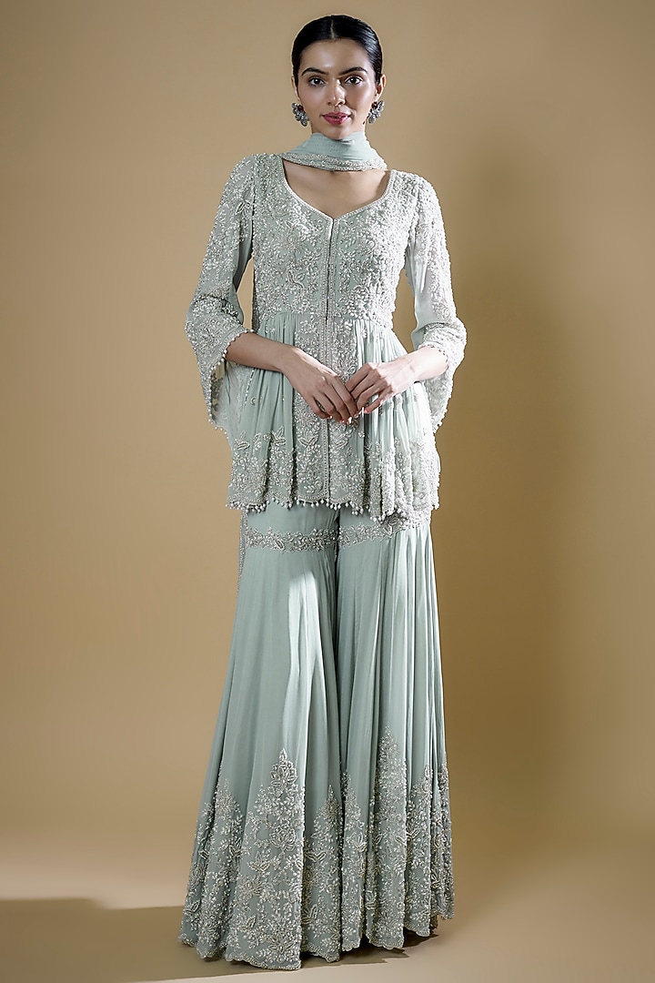 Ice Blue Georgette Embroidered Bridal Sharara Set by Malasa at Pernia's Pop Up Shop