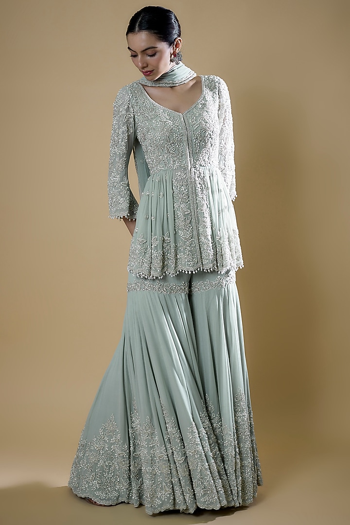 Ice Blue Georgette Embroidered Bridal Sharara Set by Malasa at Pernia's Pop Up Shop