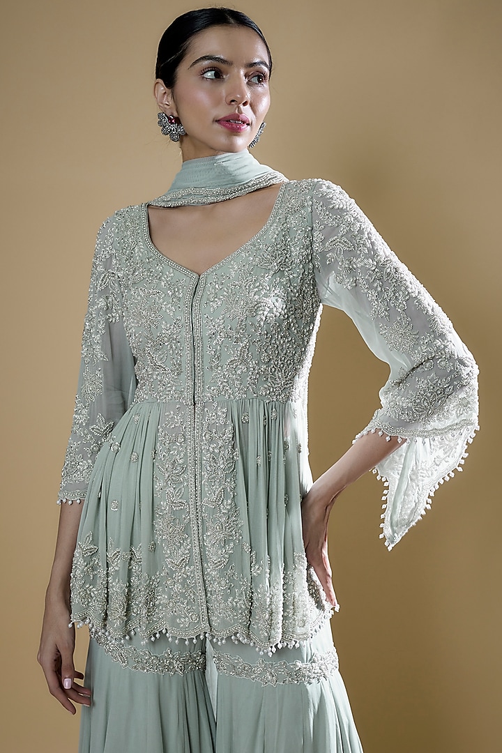 Ice Blue Georgette Embroidered Bridal Sharara Set by Malasa at Pernia's Pop Up Shop