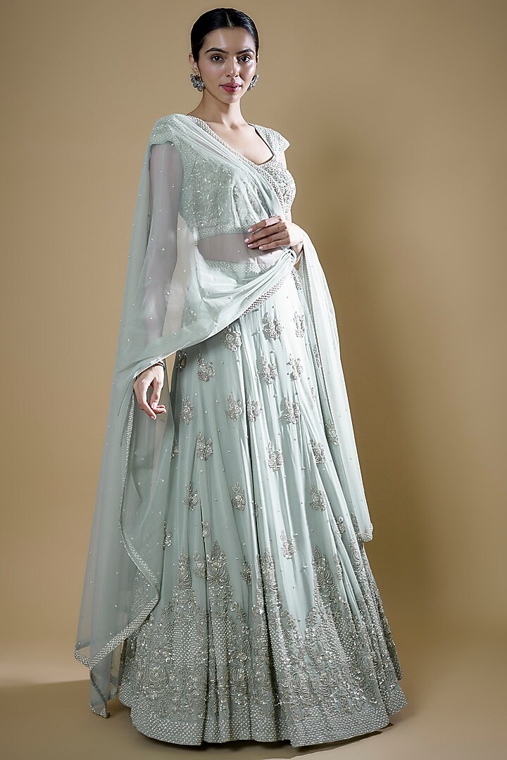 Ice Blue Georgette Embroidered Bridal Lehenga Set by Malasa at Pernia's Pop Up Shop