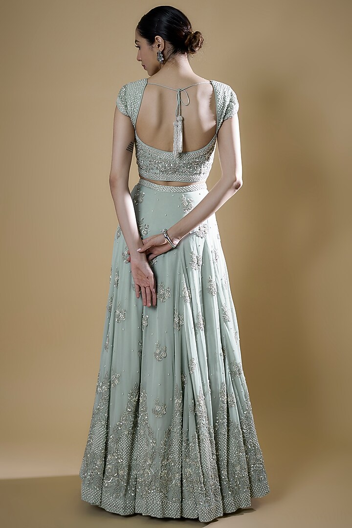 Ice Blue Georgette Embroidered Bridal Lehenga Set by Malasa at Pernia's Pop Up Shop