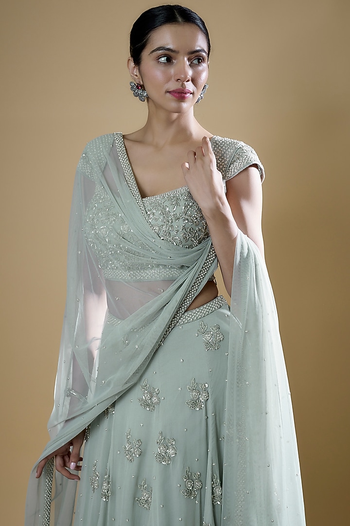 Ice Blue Georgette Embroidered Bridal Lehenga Set by Malasa at Pernia's Pop Up Shop