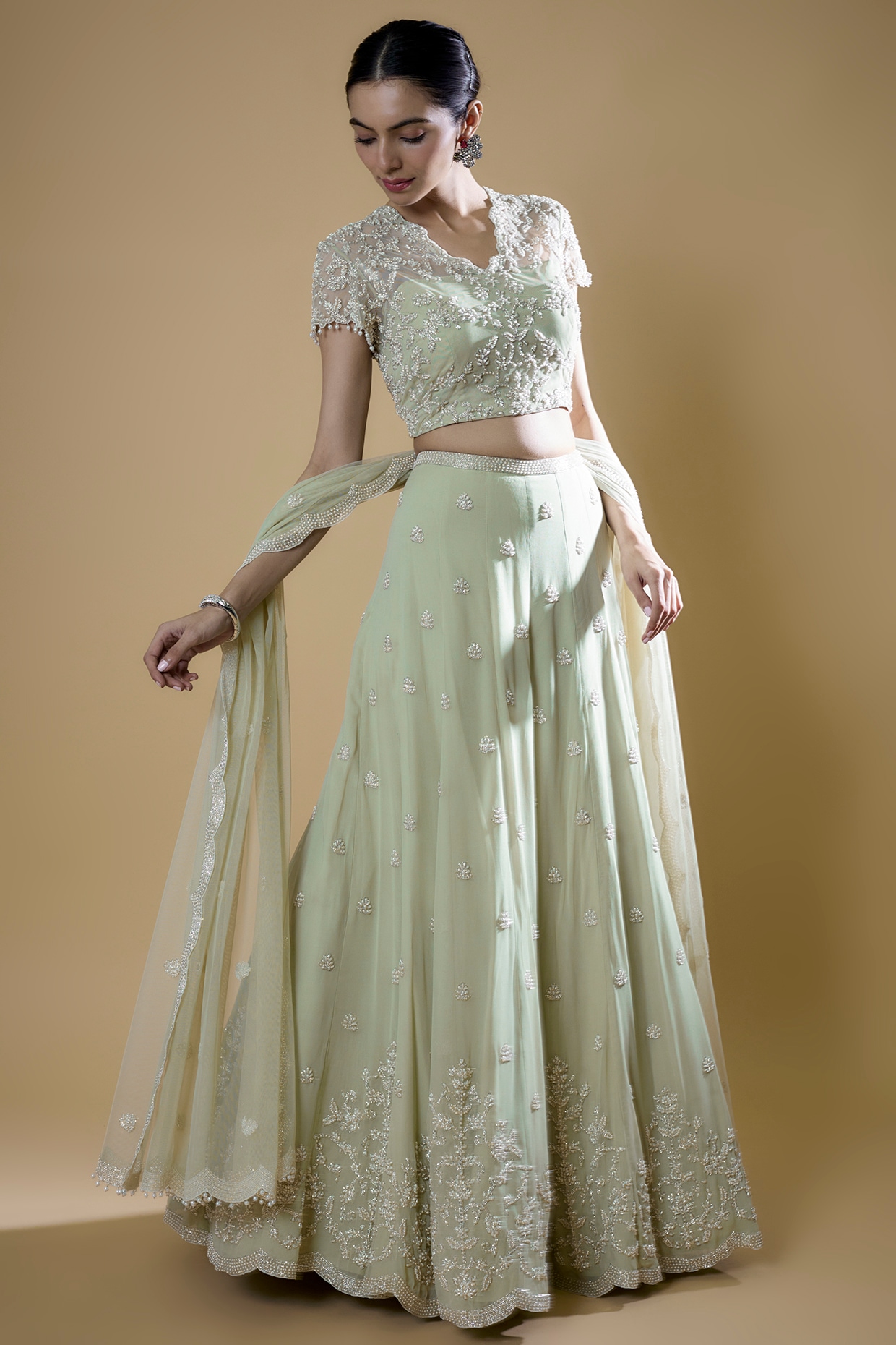 Mint Green Lehenga one Shoulder Blouse – Label Nitika