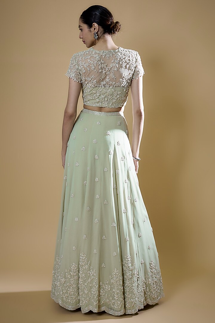 Seafoam Green Georgette Embroidered Wedding Lehenga Set by Malasa at Pernia's Pop Up Shop