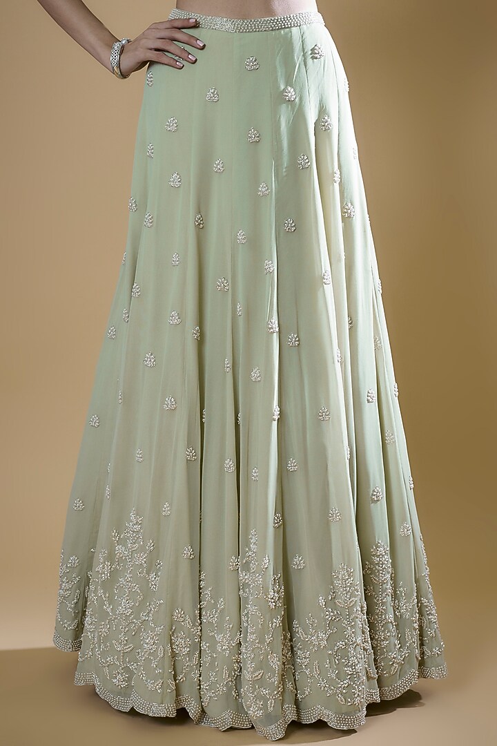 Seafoam Green Georgette Embroidered Wedding Lehenga Set by Malasa at Pernia's Pop Up Shop