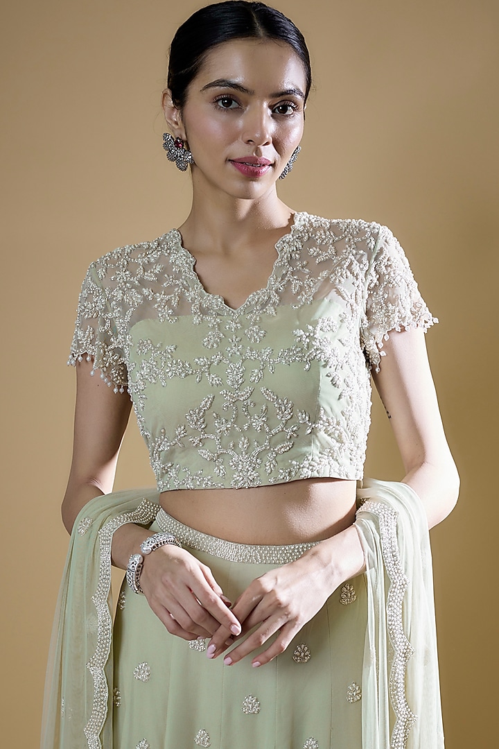 Seafoam Green Georgette Embroidered Wedding Lehenga Set by Malasa at Pernia's Pop Up Shop