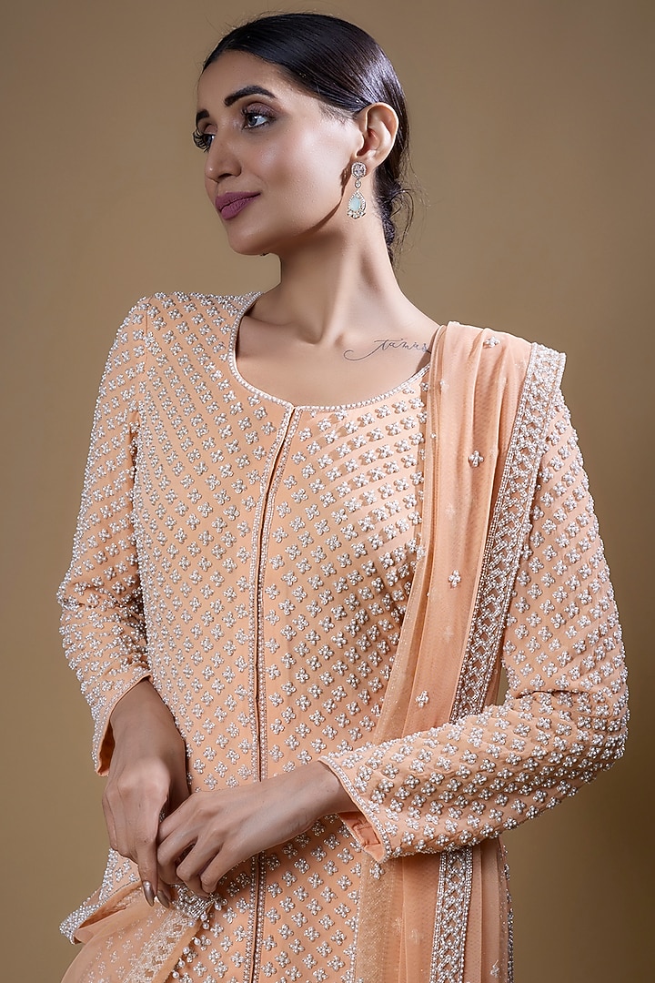 Peach Georgette Bridal Sharara Set by Malasa at Pernia's Pop Up Shop
