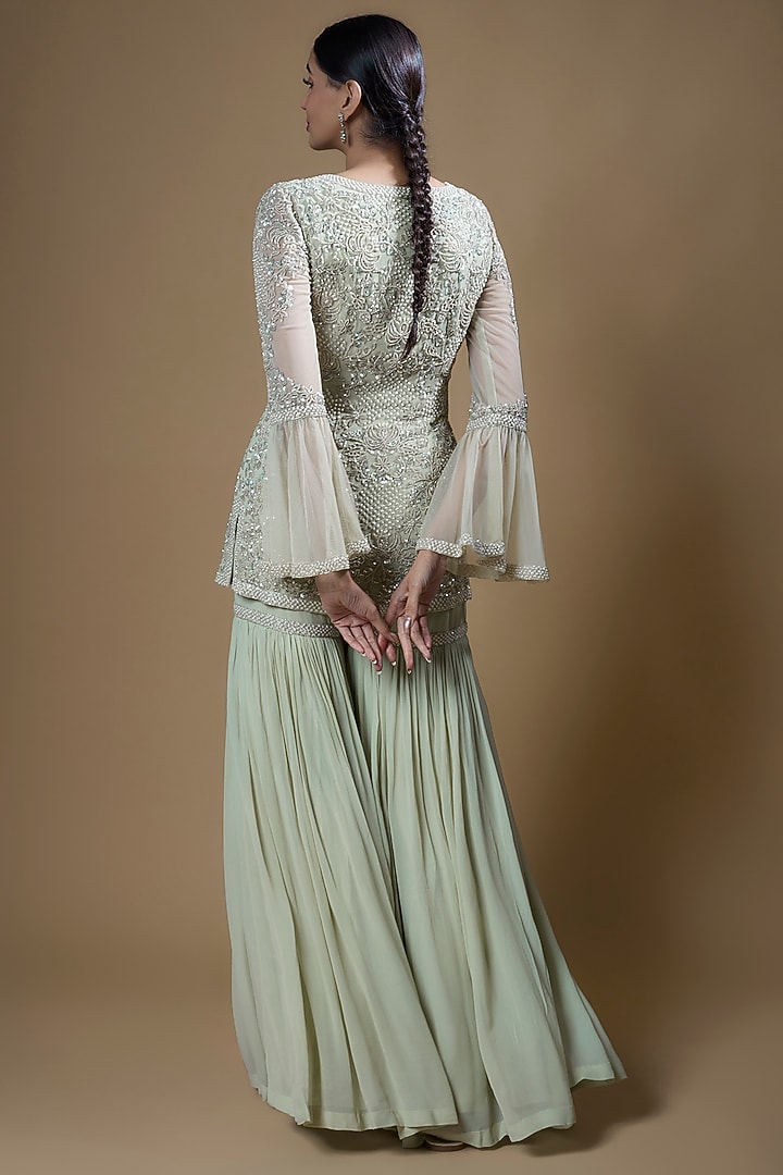Seafoam Green Georgette Bridal Sharara Set by Malasa at Pernia's Pop Up Shop