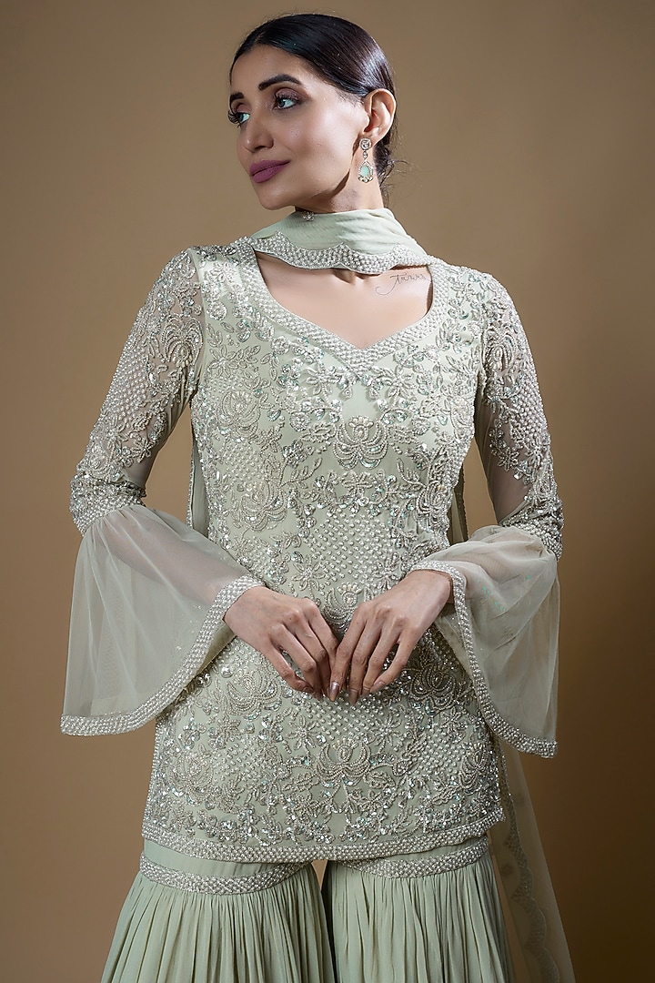 Seafoam Green Georgette Bridal Sharara Set by Malasa at Pernia's Pop Up Shop