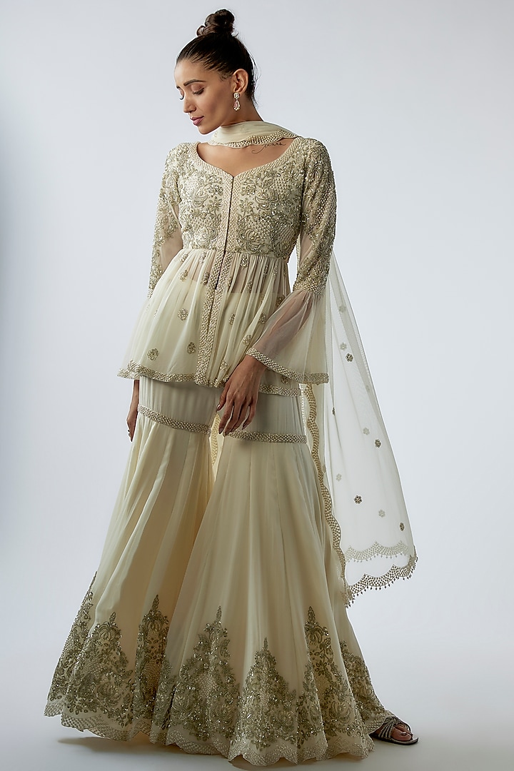 Ivory Georgette Embroidered Sharara Set by Malasa