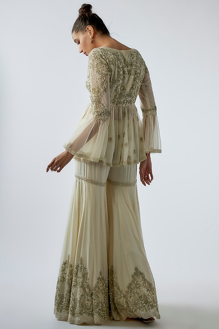 Ivory Georgette Embroidered Bridal Sharara Set by Malasa at Pernia's Pop Up Shop