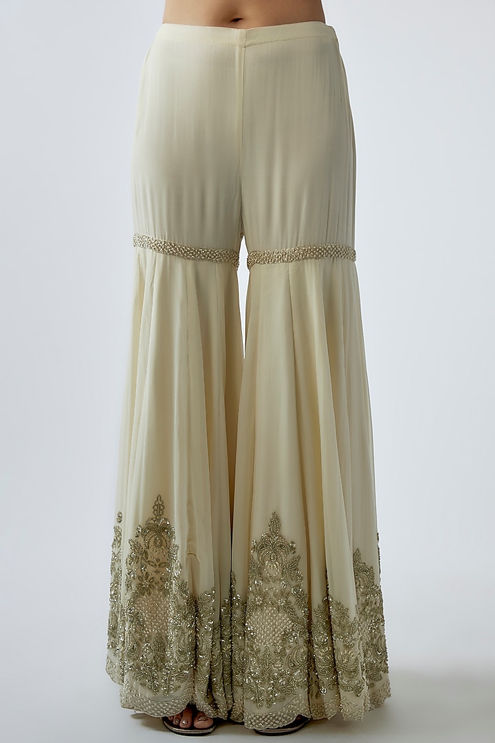 Ivory Georgette Embroidered Bridal Sharara Set by Malasa at Pernia's Pop Up Shop