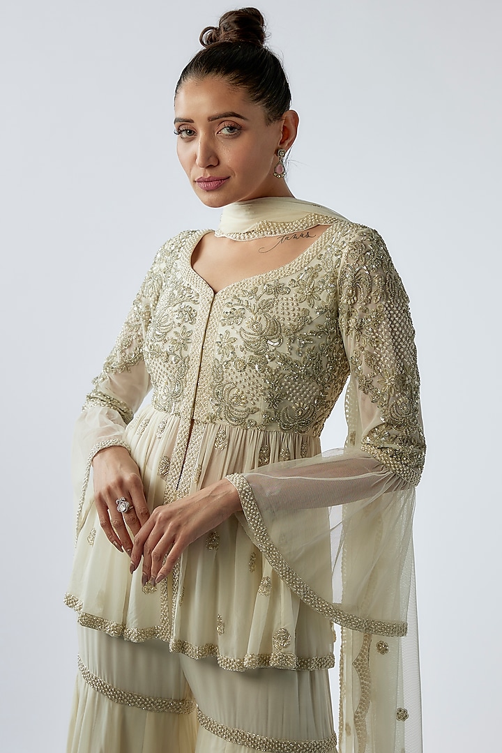 Ivory Georgette Embroidered Bridal Sharara Set by Malasa at Pernia's Pop Up Shop
