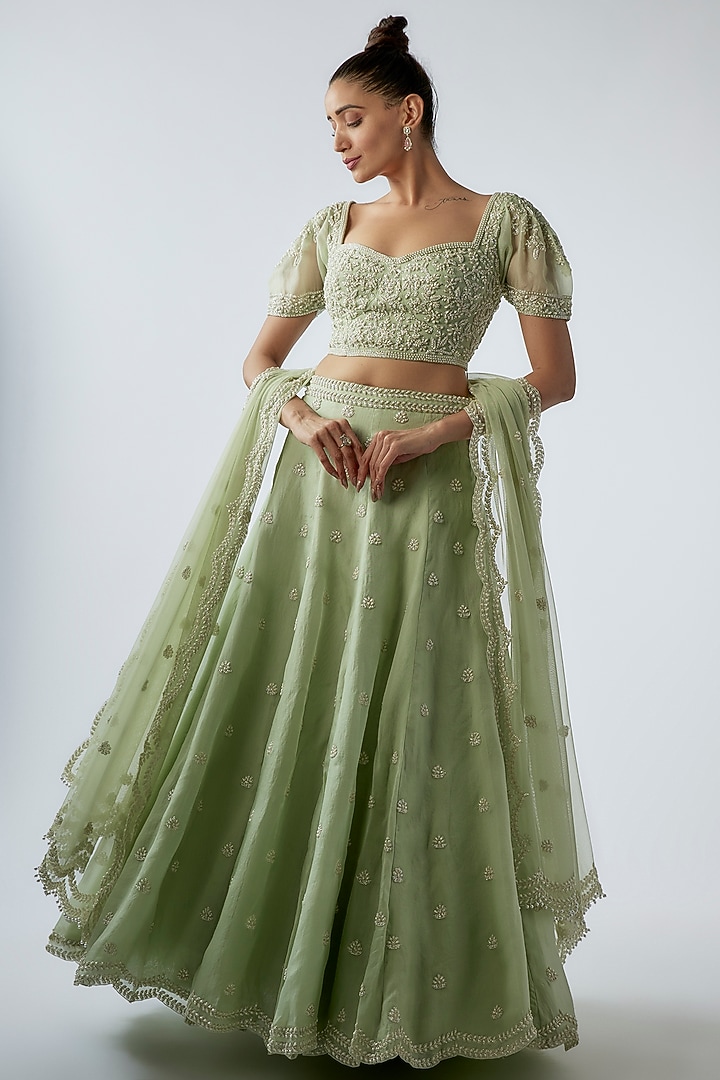 Mint Green Georgette Embroidered Wedding Lehenga Set by Malasa at Pernia's Pop Up Shop