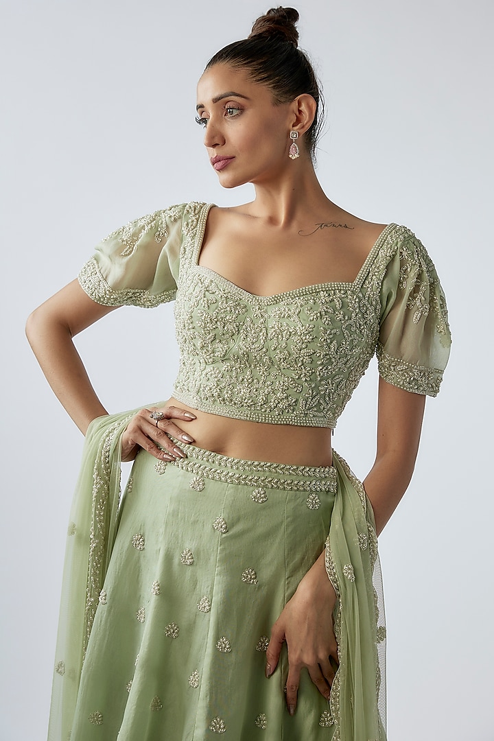 Mint Green Georgette Embroidered Wedding Lehenga Set by Malasa at Pernia's Pop Up Shop