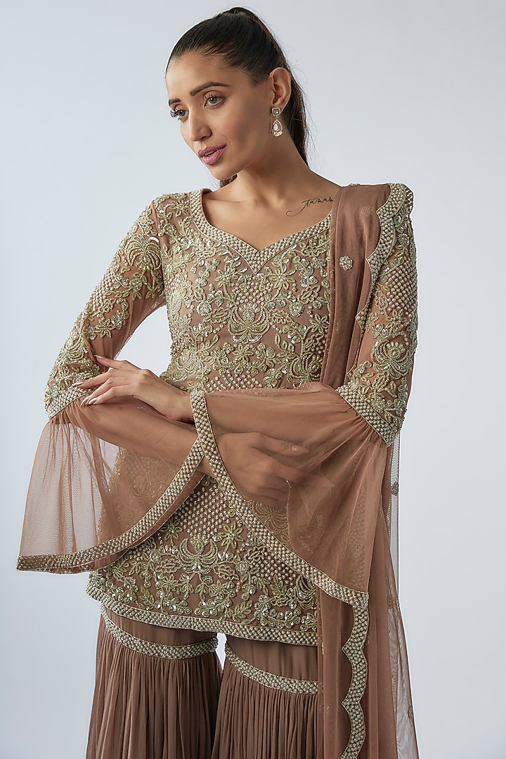 Chocolate Brown Georgette Bridal Sharara Set by Malasa at Pernia's Pop Up Shop