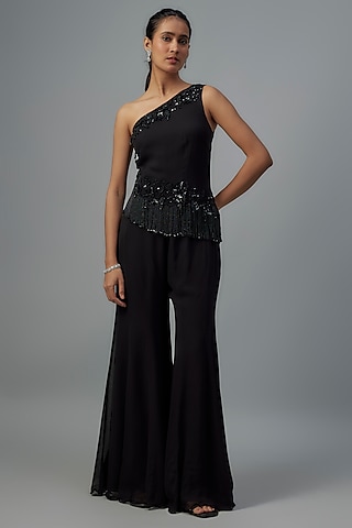 Black Georgette Bead Work Sharara Set by Malasa