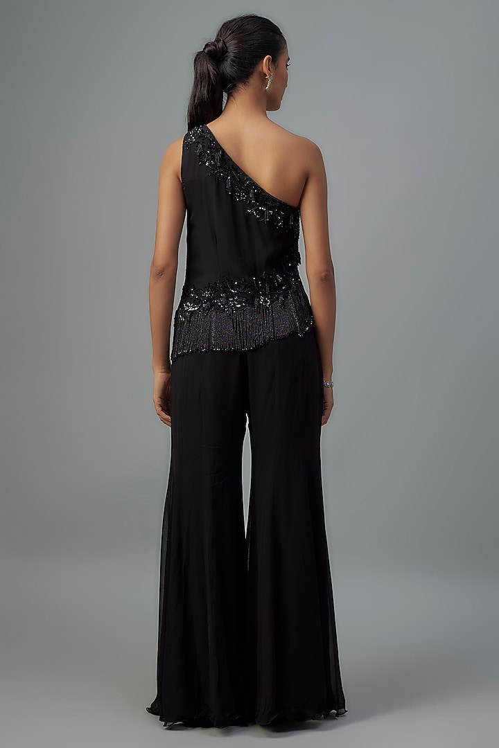 Black Georgette Bead Work Wedding Sharara Set by Malasa at Pernia's Pop Up Shop
