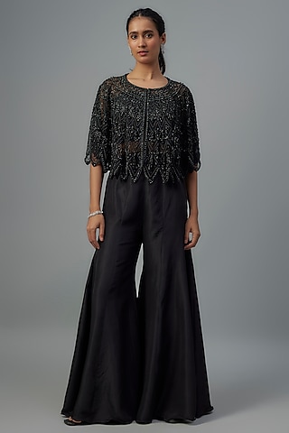 Black Satin Silk Pearl & Bead Work Sharara Set by Malasa